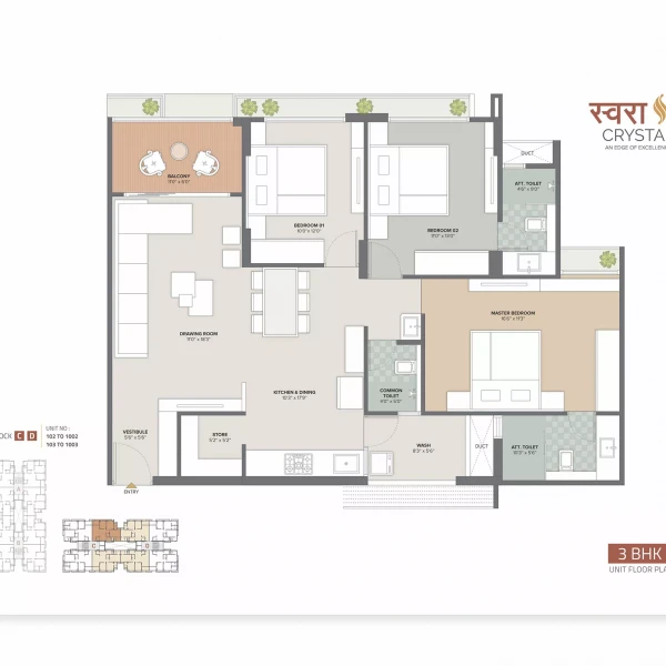 3 BHK Unit Plan Type2 Block C&D